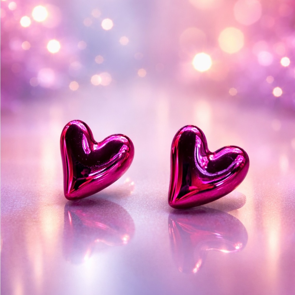 Metallic Fuschia Heart Stud Earrings